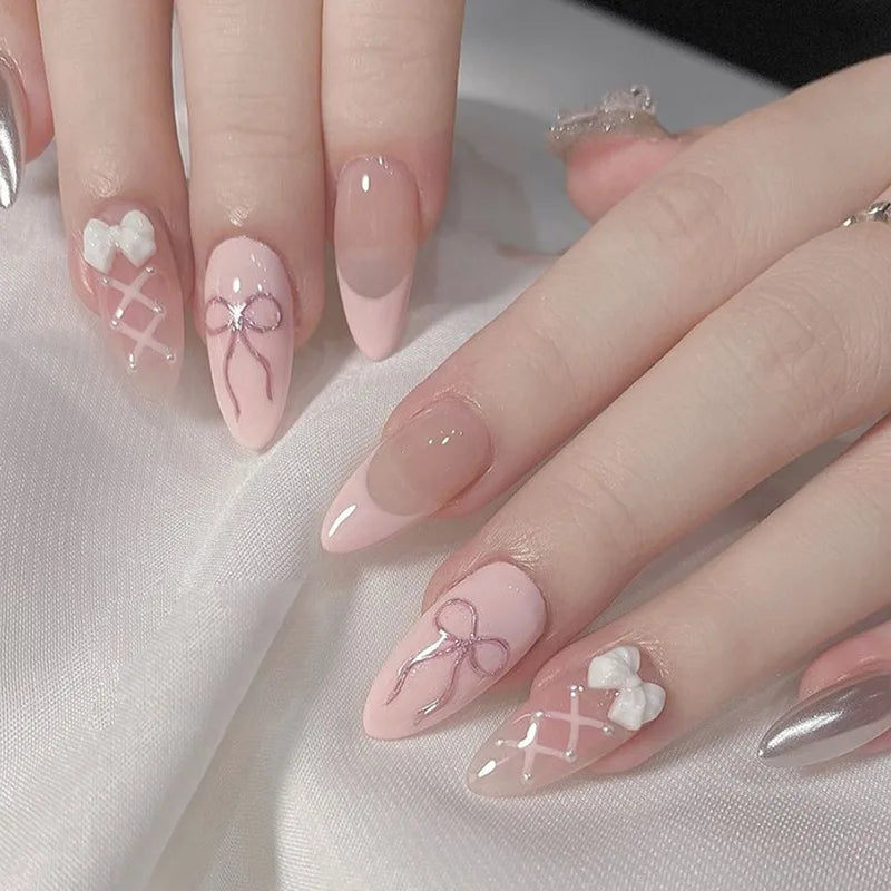 24Pcs Detachable Acrylic False Nails Press On Nail Cute Cherry French Almond Wearable Artificial Fake Nails Full Cover Nail Tips Good Vibrations