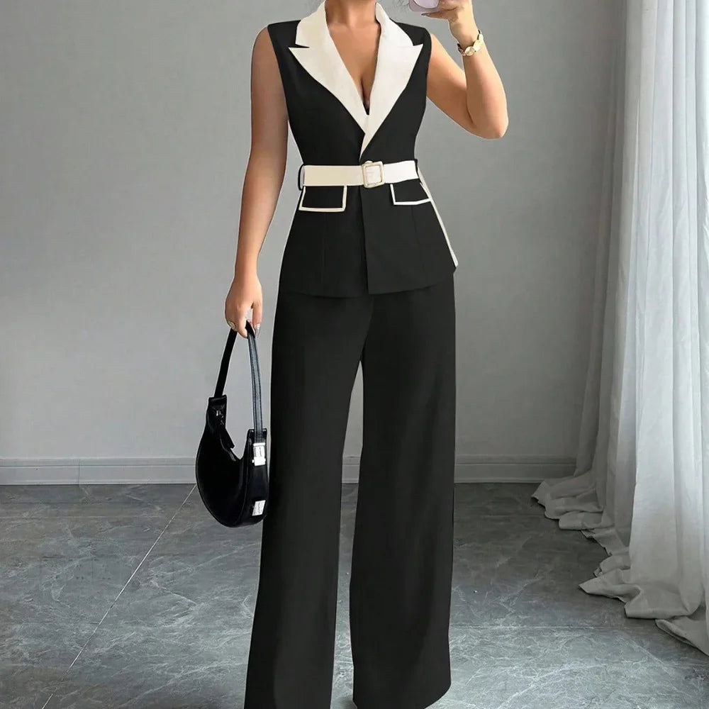 Women's Office Lady Ensemble Outfit Autumn Sleeveless Straight Leg Pants Set Classy Bandeau Elegant Style Top And Vest 2 Set Good Vibrations