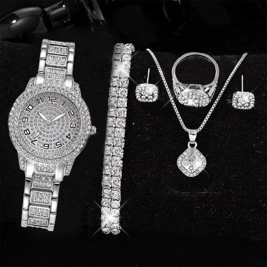 Full Diamond Roman Literal Steel Strip Watch with Starry Charm Business Quartz Watch Set Good Vibrations