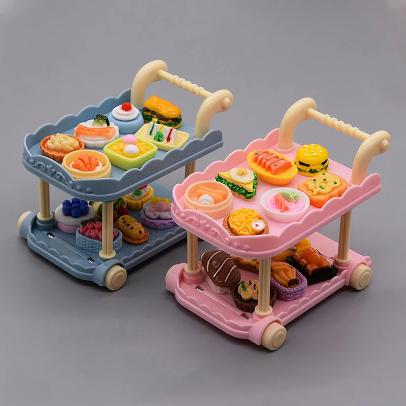 Cute Doll House Decoration Toy 1:12 Mini Trolley Dining Cart Dollhouse Storage Shelf Kitchen Model Ornaments Furniture Accessory Good Vibrations