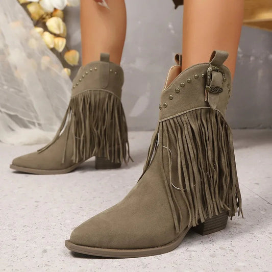 Short-thigh Boots Autumn New Pointed Toe Sleeve Metal Buckle Non-slip Wear-resistant Block Heel Shoes Good Vibrations