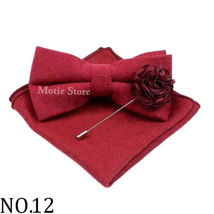 Mens Solid Color Cotton Bowtie Pocket Square Brooch Sets Pink Blue Super Soft Suede Bow Tie Handkerchief For Wedding Party Gift Good Vibrations