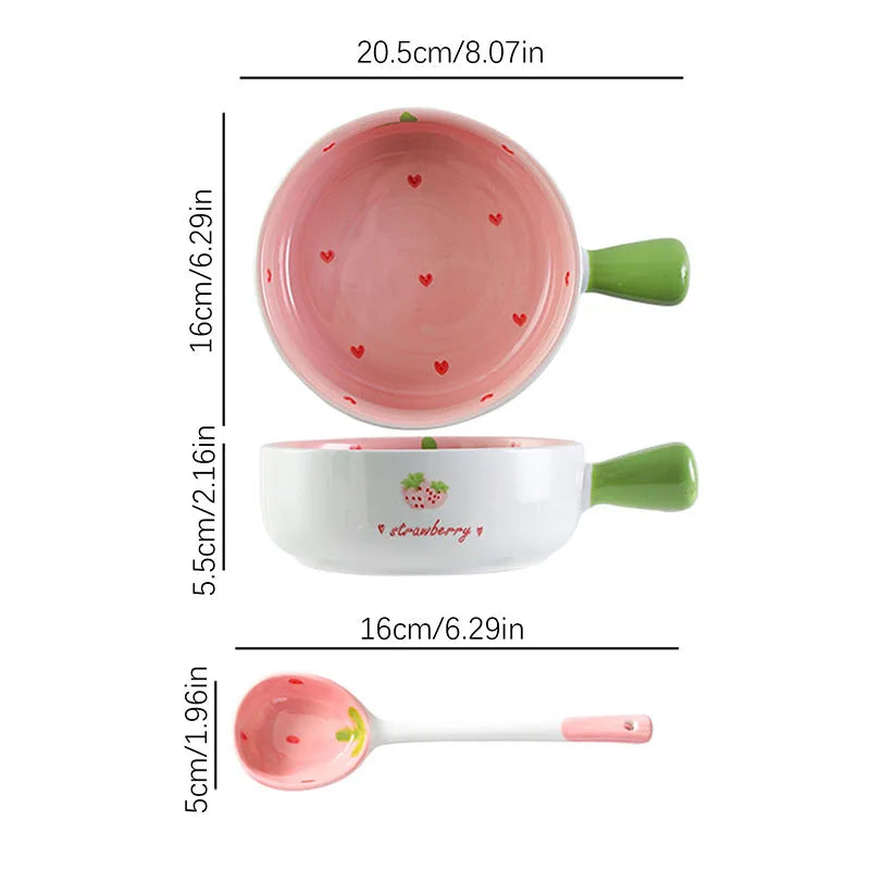 3pcs Strawberry Bowl Spoon Plate set beautiful girl heart bowl salad bowl dessert household Ceramic tableware Good Vibrations