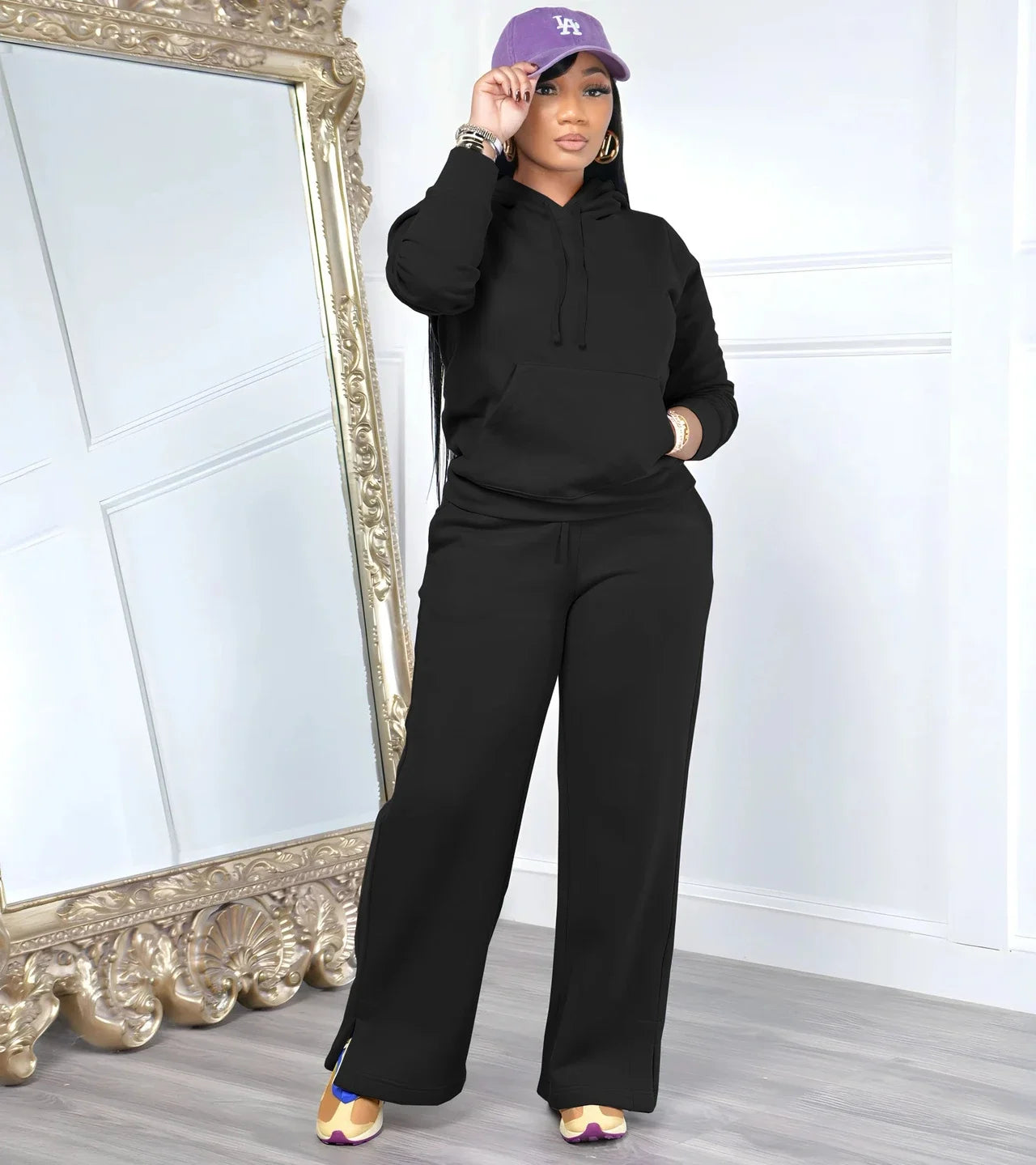 Women Sport Two Piece Outfit Winter Casual 2 Piece Set Hoodies Tops Wide Leg Pants Set Women Tracksuit Good Vibrations