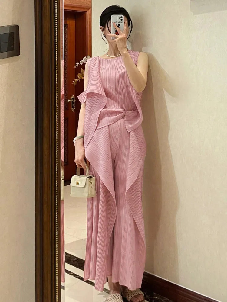Women's Two-Piece Set: Pleated Blazer with Sleeveless Patchwork T-Shirt and Elasticated Waist Wide-Leg Stretch Trousers Good Vibrations