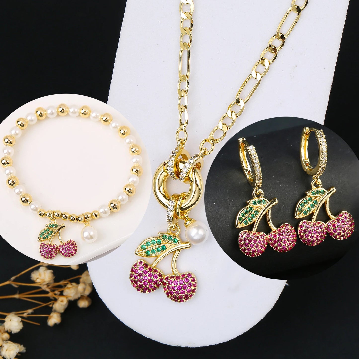 3pcs Hot Sale Shiny Zirconia Crystal Cherry Necklace Bracelet Earrings Jewelry Set Fashion for Woman Girl Wedding Lucky Jewelry Good Vibrations Adult Super Store