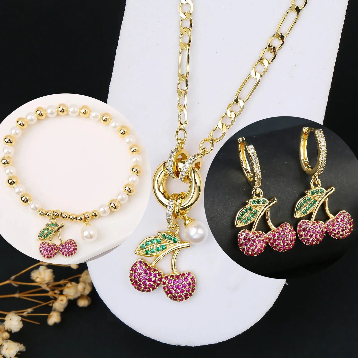 3pcs Hot Sale Shiny Zirconia Crystal Cherry Necklace Bracelet Earrings Jewelry Set Fashion for Woman Girl Wedding Lucky Jewelry Good Vibrations Adult Super Store