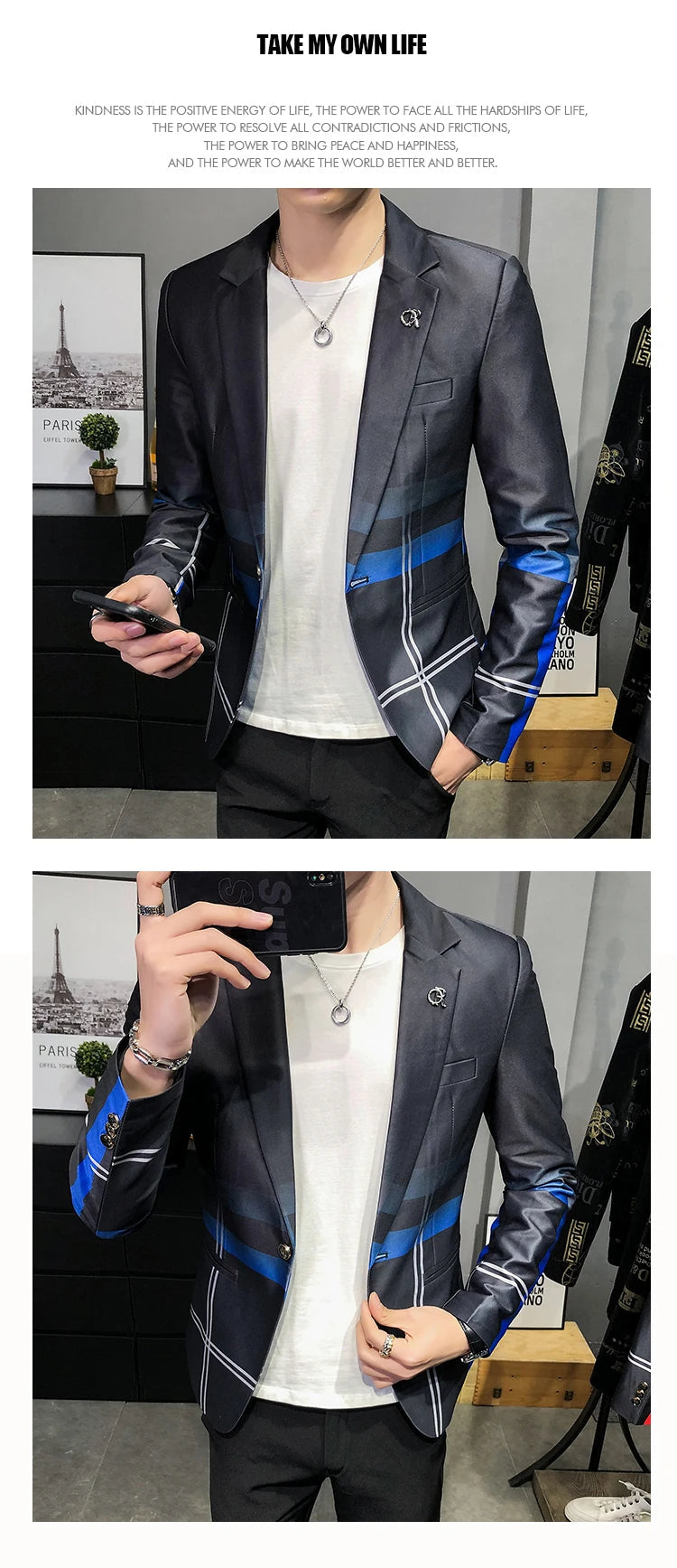 Blazer Men Boutique Fashion Plaid Men's Slim Casual Suit Jacket Male Ball Social Blazer Suit Coat Host Clothing Good Vibrations