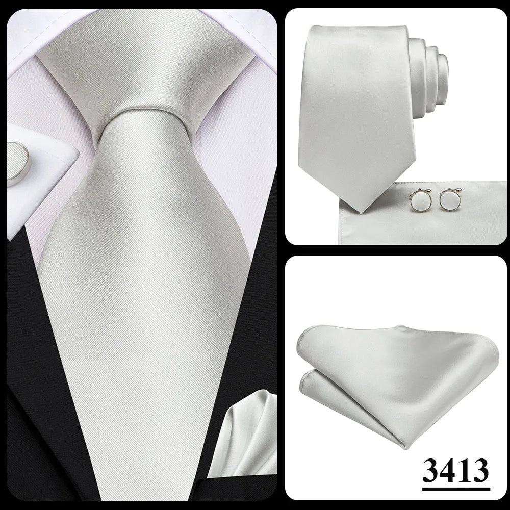 Men's Ties White Sliver Hanky Cufflinks Set Silk Neck ties For Men Wedding Party Business Mens Tie 2022 New Fashion Brand Hi-Tie Good Vibrations