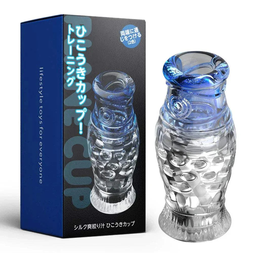 Male masturbator cup with soft silicone transparent design and packaging.
