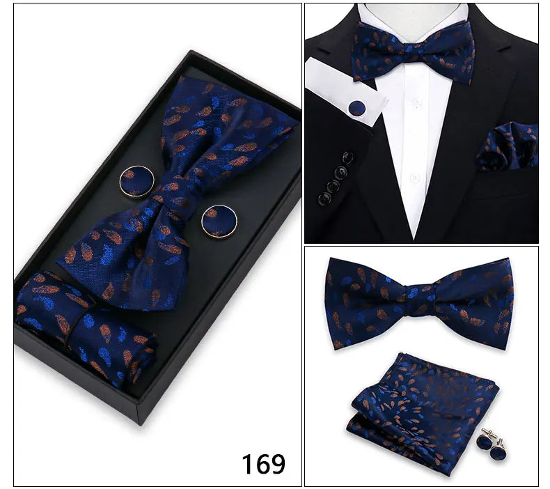 Bowtie For Men Set Gift Box Business Gift Fashion Bow Tie Pocket Square Cufflinks Set Bowtie 3pcs For Wedding Hanky Cravata Neck Good Vibrations