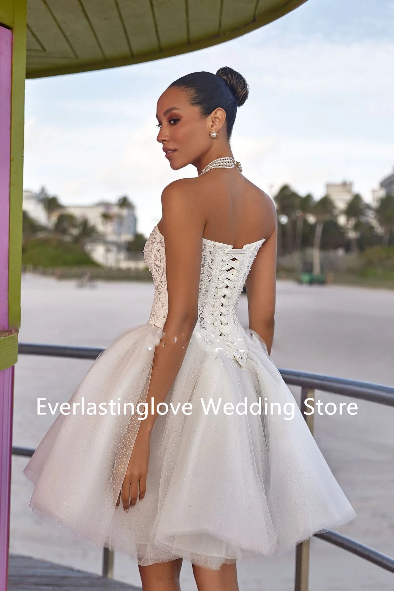 Affordable Short Bridal Dress - Shiny Tulle Skirt with Lace Applique, Ruffled Hem - Perfect for Casual Weddings Good Vibrations
