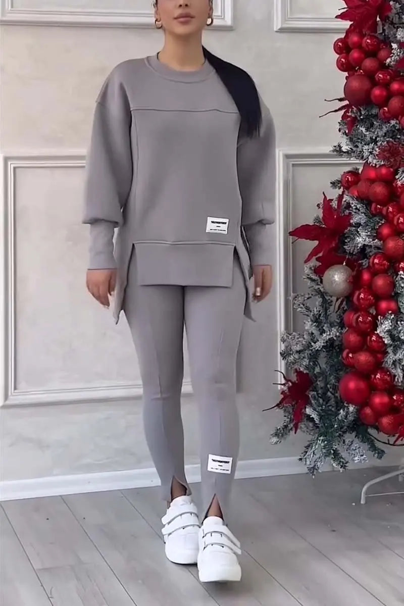 Women's Casual Sweatshirt Sports Set Autumn Winter Fashion Solid Loose Irregular Sweatshirt Top And Slim Trouser Two Piece Sets Good Vibrations