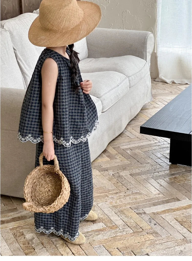 Girls' Summer Outfit New Kids Temperament Plaid Lace Vest+Wide Leg Pants Two-piece Set Trendy Children's Clothing Sets Good Vibrations
