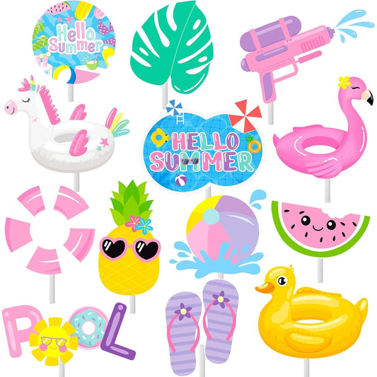 Summer Cupcake Toppers - Pool Party Decorations - Water Themed Birthday Cake Picks for Swimming Baby Shower Good Vibrations