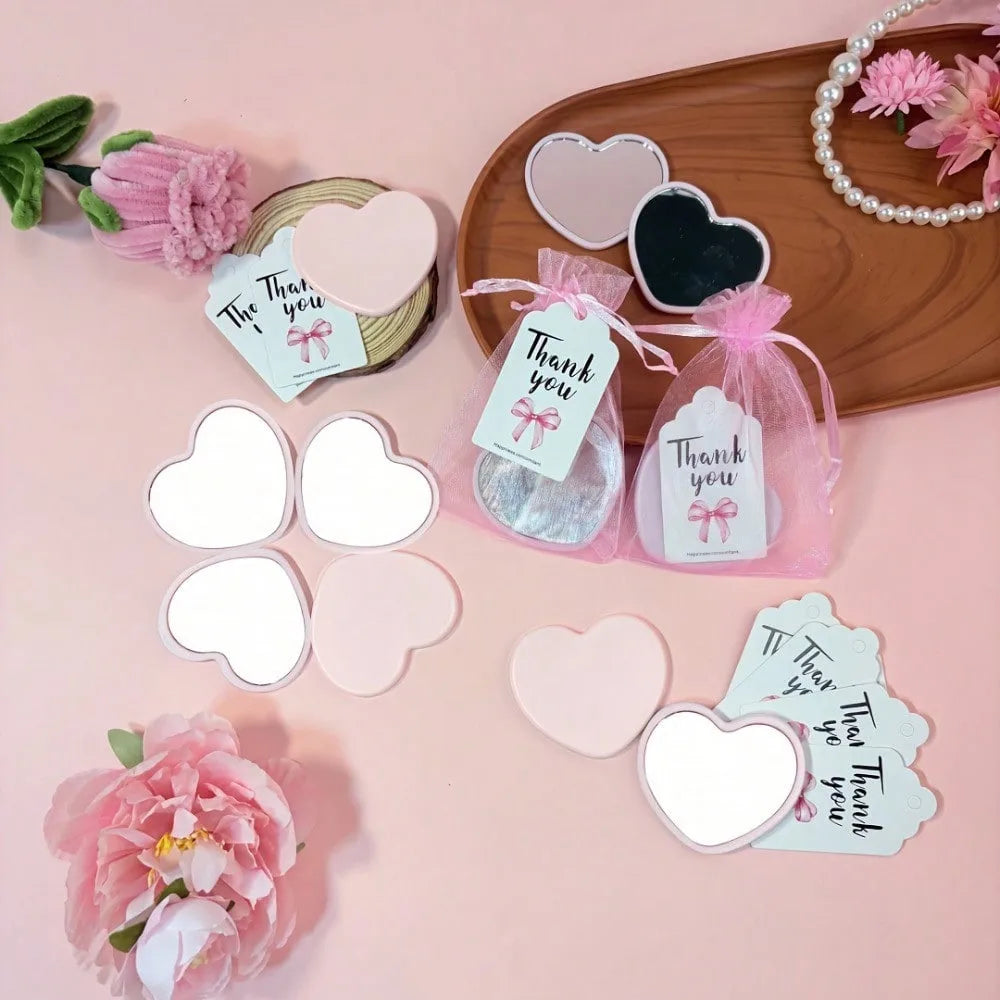 12 sets -36 pieces gift set, pink heart-shaped makeup mirror, pink gauze bag and thank-you card,  wedding and party gift Good Vibrations