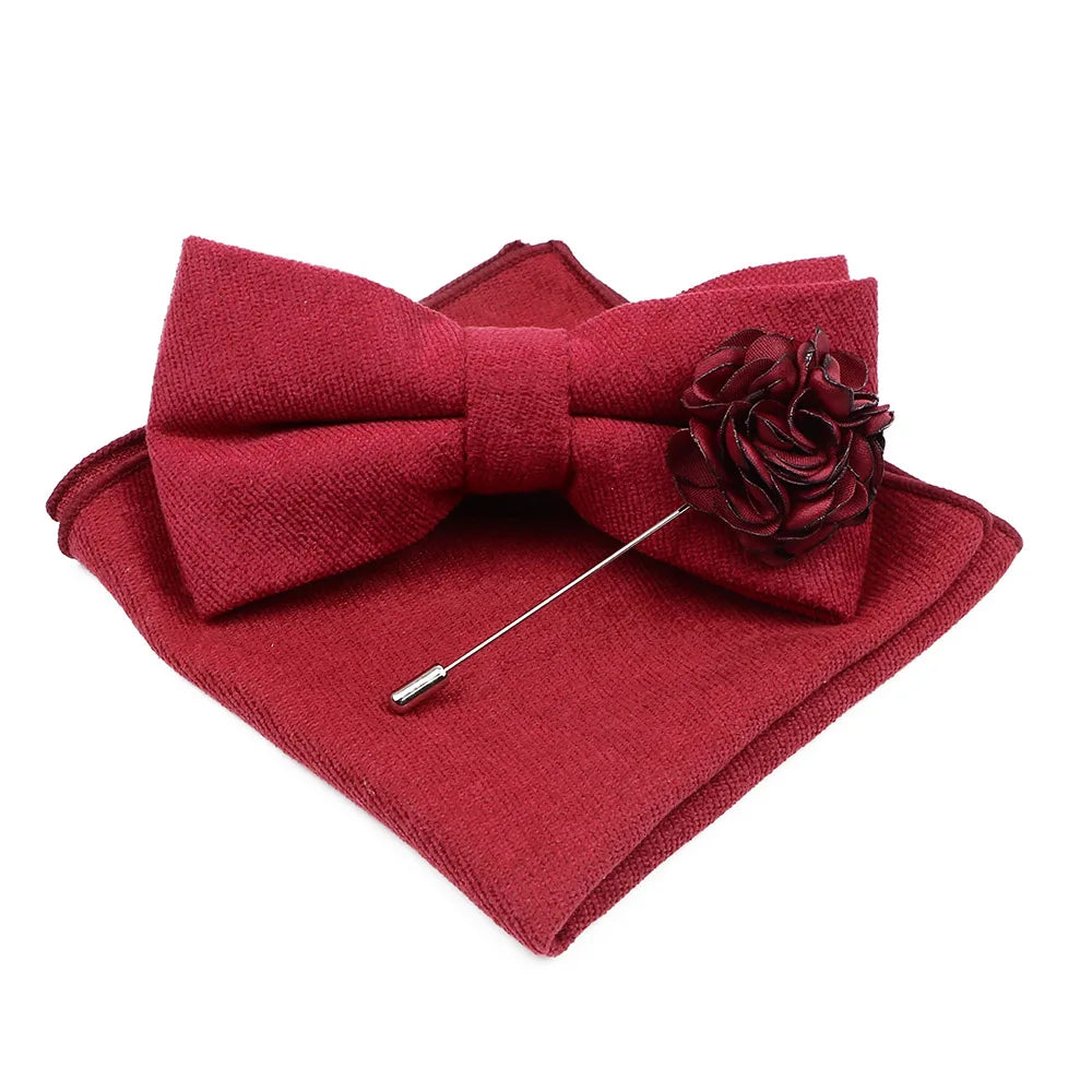 Mens Solid Color Cotton Bowtie Pocket Square Brooch Sets Pink Blue Super Soft Suede Bow Tie Handkerchief For Wedding Party Gift Good Vibrations