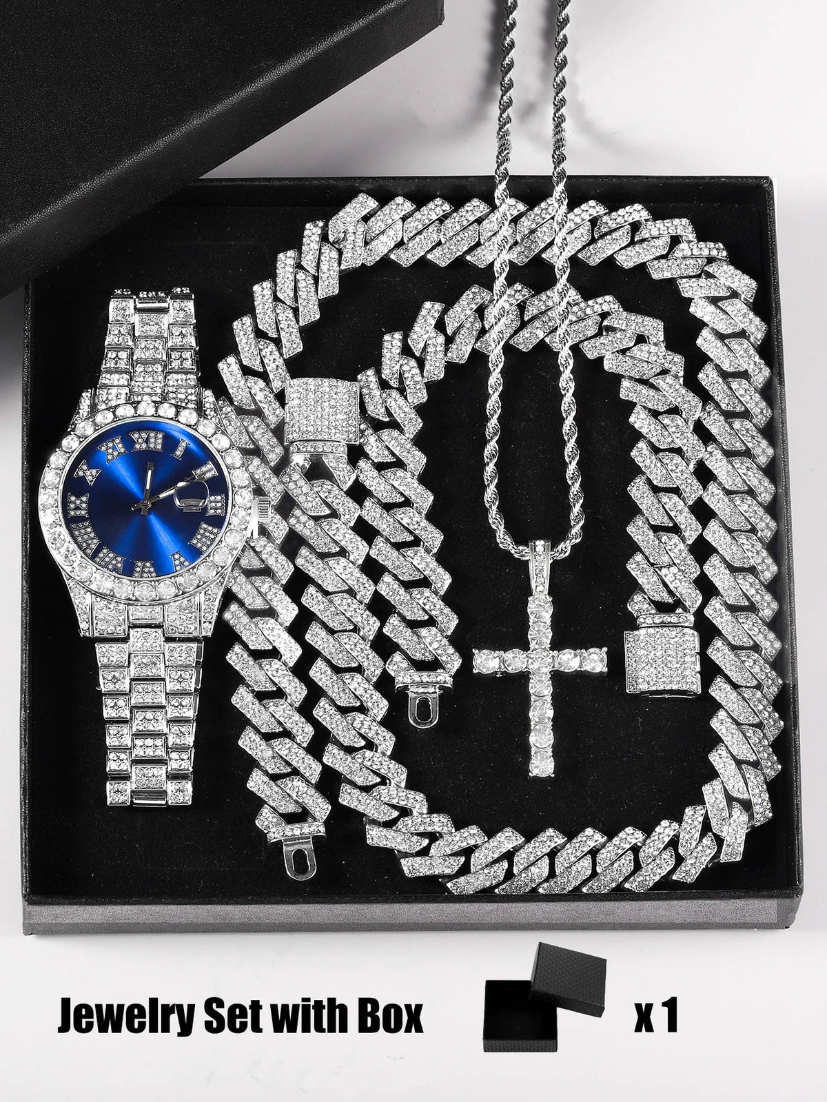 Quartz Watch Set Gift Box Cuban Necklace Bracelet Cross Classic Full Diamond Watch Shining Luxury Gift giving Festival Chain Hip Good Vibrations
