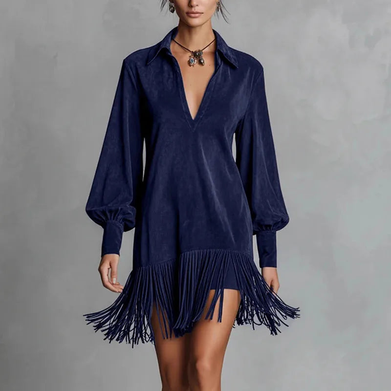 Spring Retro Solid Imitation Suede Tassel Dress Woman Sexy Lapel Hollow A-Line Mini Dress Autumn Long Sleeve Elegant Party Dress Good Vibrations