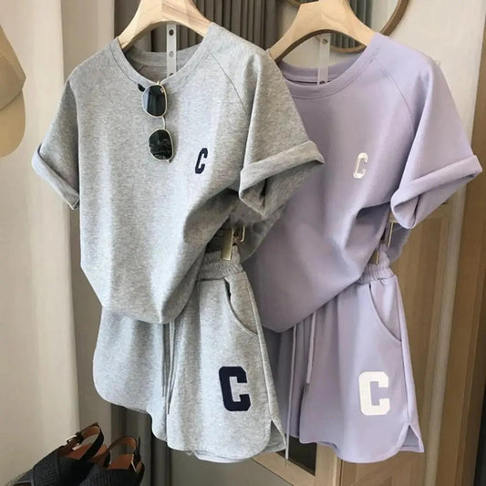 2025 women t-shirt shorts set Summer Tracksuit O Neck Letter Print Short Sleeve T-shirt Drawstring Shorts Sport Clothes Good Vibrations