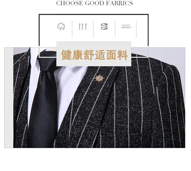 2025 Suit (suit + Vest + Trousers) Single Button Fashion Business Vertical Stripe Gentleman Suit Korean Suit Three-piece Suit Good Vibrations
