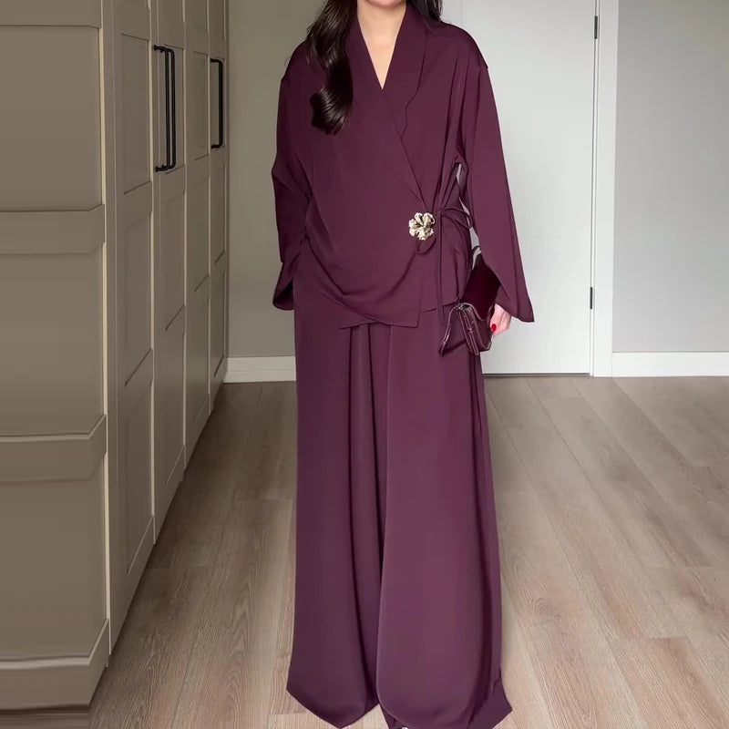 Women's Casual Party Outfit Vintage Solid Loose Autumn Suit New 2026 Elegant V Neck Long Sleeved Top & Wide Leg Pants Two Piece Good Vibrations