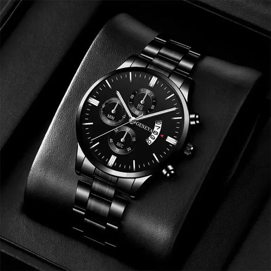 3PCS Men's Watch Set Business Trend Classic Round Dial Quartz Watch Bracelet Necklace Set Perfect Gift for Friends or Dad Good Vibrations