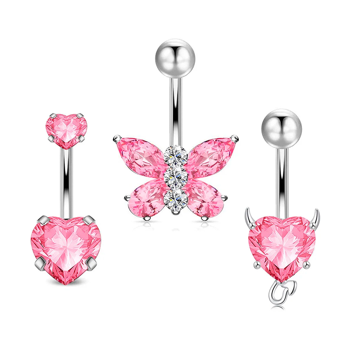 3pcs/Set Stainless Steel Color Cubic Zirconia Navel Rings Round Butterfly Heart Cherry Shapes Fashion Body Piercing Jewelry Good Vibrations Adult Super Store