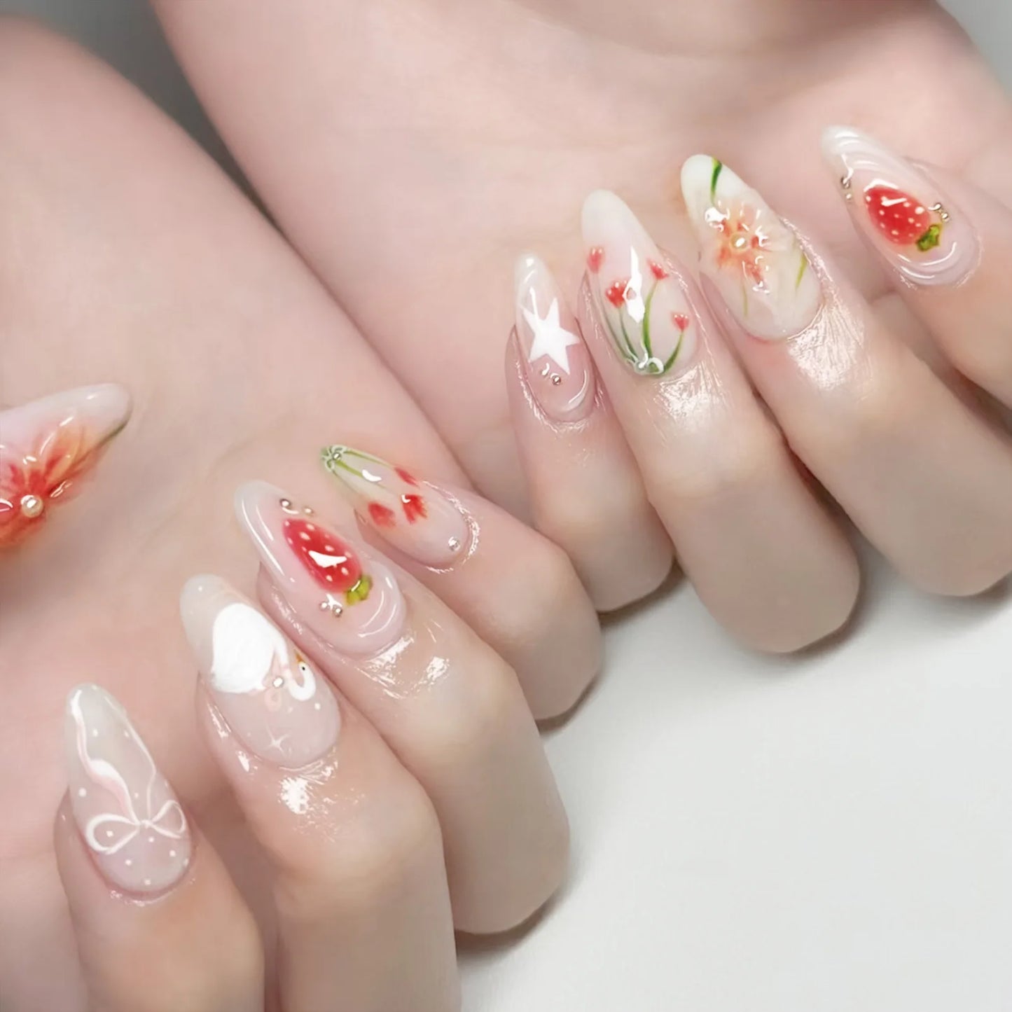 24pcs Short Glossy Oval Fake Nails Cute Sweet Strawberry Fake Nail Patch Wearable Full Cover for Girl Press on Nail Tips Good Vibrations