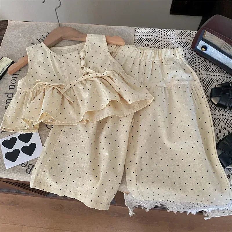 Bear Leader 2024 Summer New Girls' Clothing Polka Dot Love Single Breasted Top+ Pants 2P Set Girls' Clothing Children's Cute Set Good Vibrations