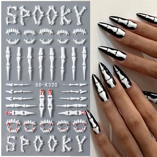 5D Halloween Nail Stickers White Bones Design Spooky Ghost Pumpkin Sliders for Nails Glitter Heart Spider Web Manicure Decals Good Vibrations