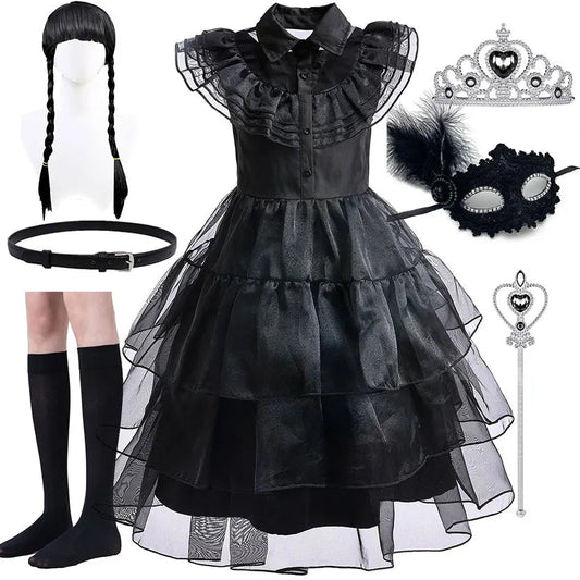 Girls Wendsday Dress Children Halloween Black Family Clothes Kids Dancing Cosplay Costume Princess Christmas Fantasy Good Vibrations