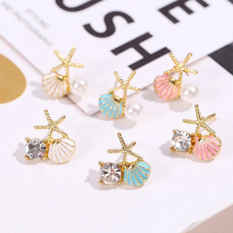 Fashion Asymmetric Ocean Style Earrings Stud For Women Starfish Shell Earring Ear Ring Imitation Pearl Zircon Jewelry Gift Good Vibrations