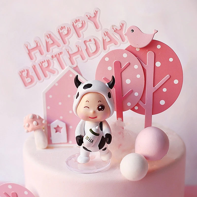 Child Happy Birthday Acrylic Cake Toppers Flag Pink Farm Happy Cow Baby Rabbit for Kid's Birthday Cake Party Supplies Gifts Good Vibrations