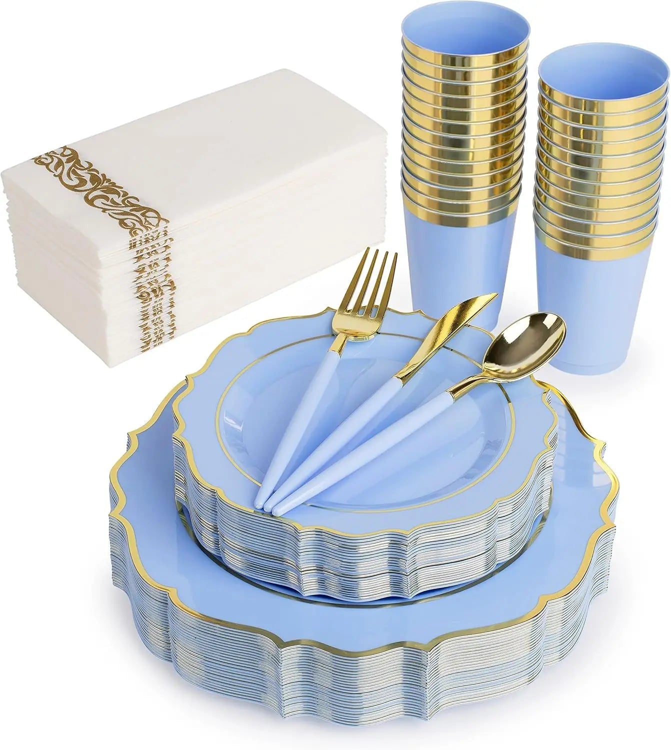 Plates Disposable, 50 Plastic Maroon Plates, Red Plastic Dinnerware Set, 25 10oz Cups, 75 Gold Cutlery, 25 Gold Napkins Good Vibrations