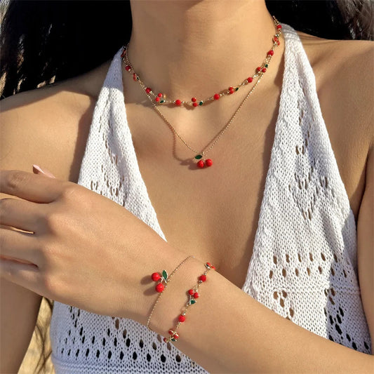 Cute Sweet Red Cherry Chain Bracelet Necklace For Women Vintage Gold Color Flower Fruit Clavicle Anklet Wedding Party Jewelry Good Vibrations