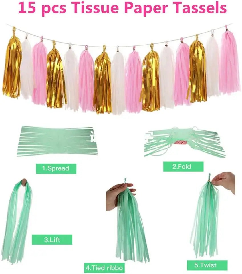Happy Birthday Banners,Foil Curtain,Pom Poms Flowers,Hanging Swirls,Tissue Paper Balloon For Girls Birthday And Baby Birthday Good Vibrations