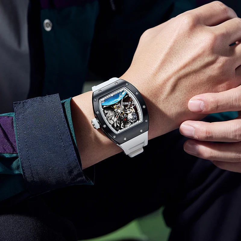 Men's Automatic Watches for Men Fashion Tonneau Mechanical Clock Earth Dial Waterproof Luxury Luminous Skeleton Mens WristWatch Good Vibrations