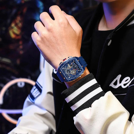 CURREN Sports Unique Rectangular Watches with Large Dial Casual Quartz Silicone Bands Wristwatches with Auto Date Good Vibrations