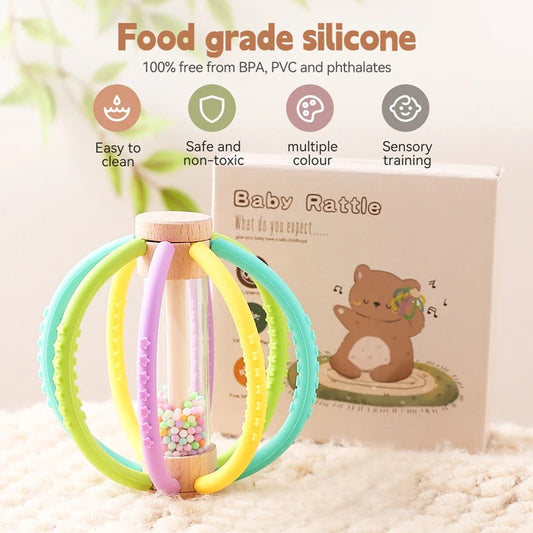 Baby Rattle Toy Wooden Rain Drum With Silicone Baby Sensory Touch Toy Newborn Dental Care Gum Anti-eating Hand Molar Stick Gif Good Vibrations