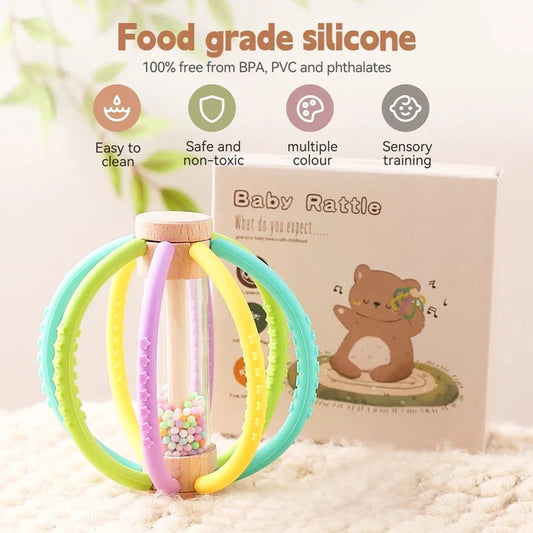 Baby Rattle Toy Wooden Rain Drum With Silicone Baby Sensory Touch Toy Newborn Dental Care Gum Anti-eating Hand Molar Stick Gif Good Vibrations