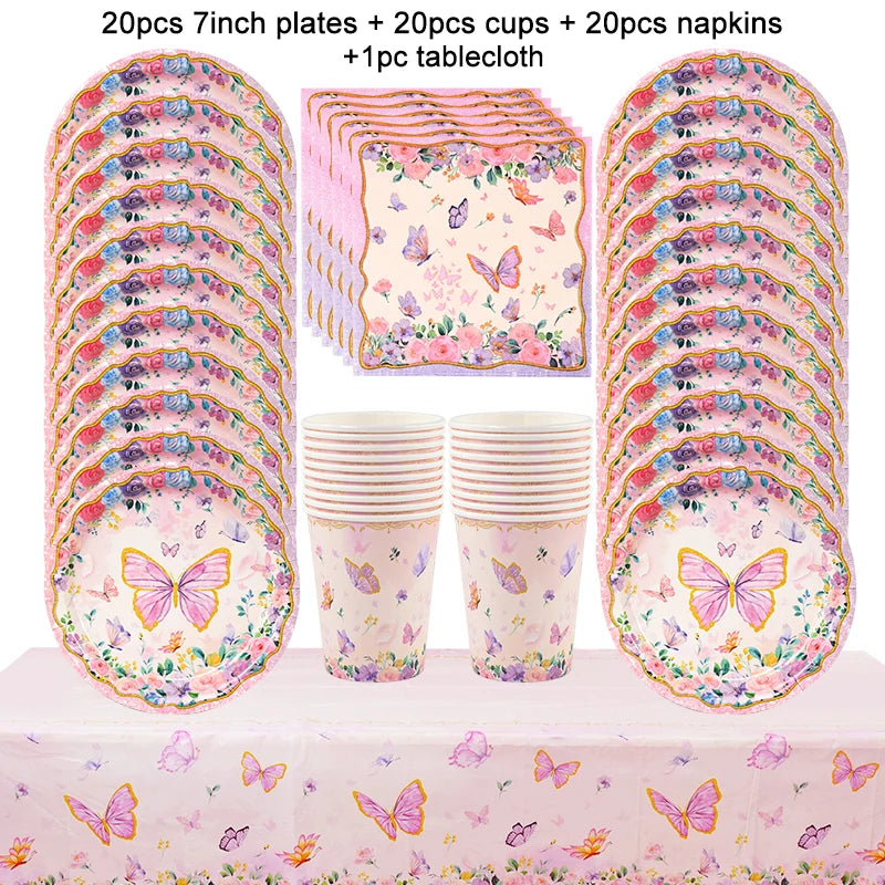 Butterfly Disposable Tableware Set Paper Plate Cup Napkins Pink Butterfly Birthday Party Decoration Baby Shower Wedding Supplies Good Vibrations