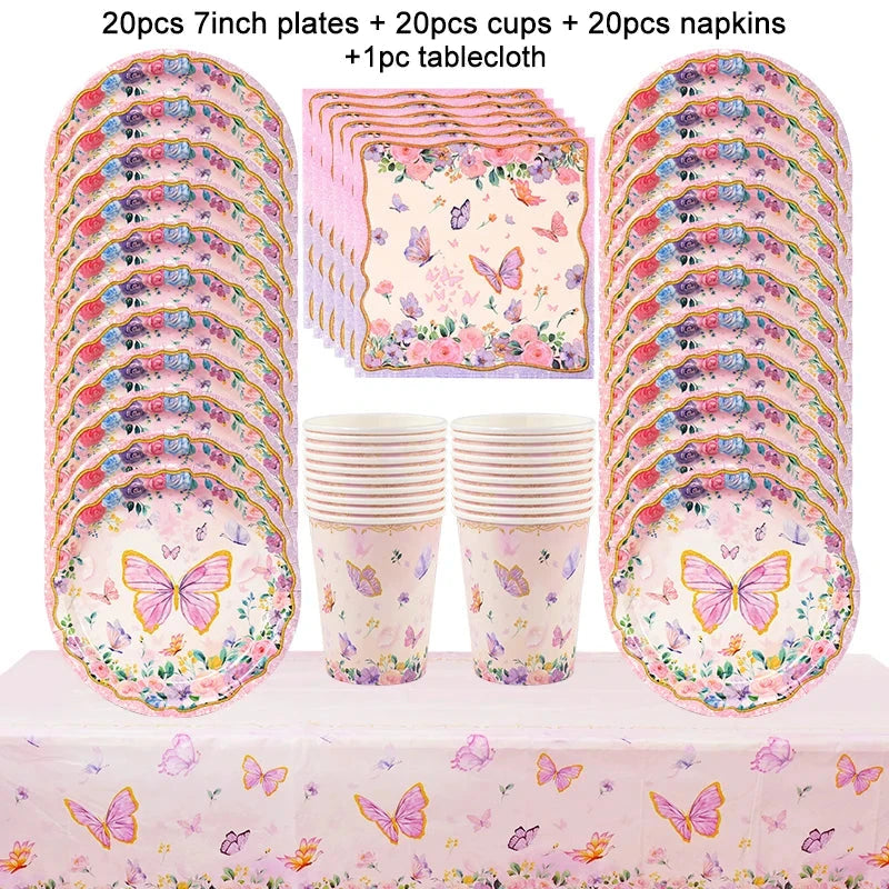 Butterfly Disposable Tableware Set Paper Plate Cup Napkins Pink Butterfly Birthday Party Decoration Baby Shower Wedding Supplies Good Vibrations
