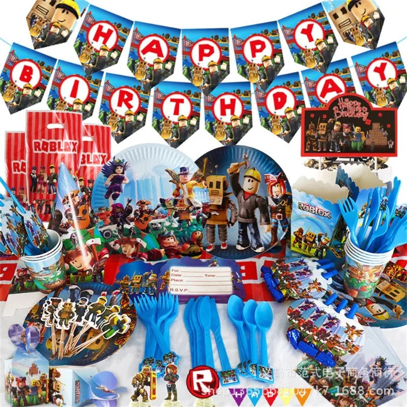 Game Roblox Cartoon Party Theme Birthday Supplies Balloon Banner Cake Topper Tableware Set Decorative Anime Peripheral Gifts Good Vibrations
