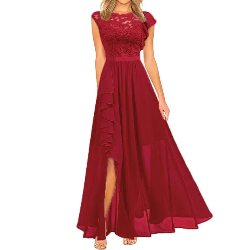 Harajuku Vintage Elegant Long Maxi Dress 2025 New Fashion High Waist Round Neck Party Wedding Dresses Spliced Lace Chiffon Dress Good Vibrations