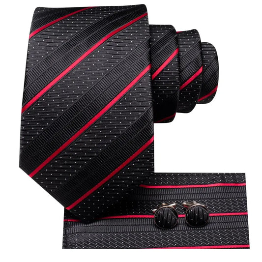 Black Red Striped Silk Wedding Tie For Men Handky Cufflink Gift Men Necktie Fashion Business Party Dropshiping Hi-Tie Designer Good Vibrations