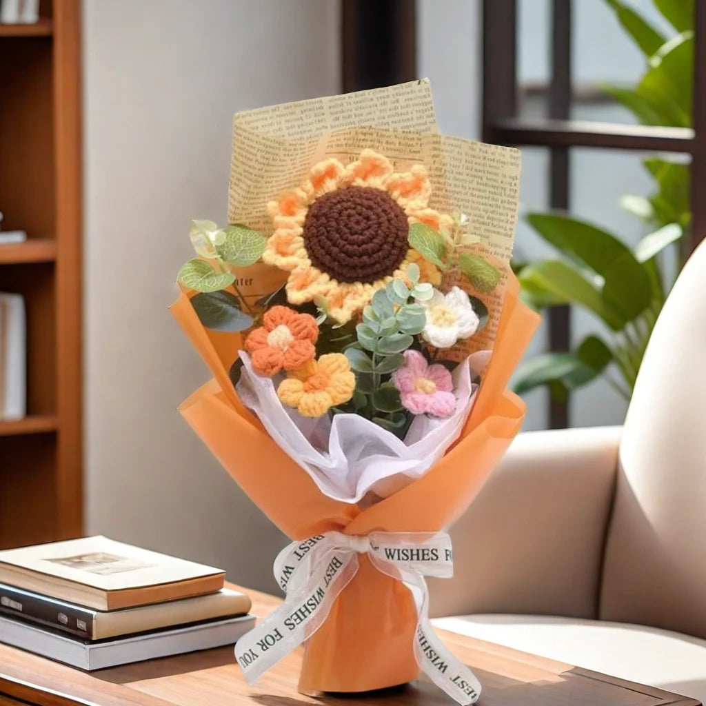 1pc Crochet Bouquet, Efun Handmade Sunflower Daisy Bouquet Valentine's Day Anniversary Wedding Mothers Day Birthday Gift Good Vibrations