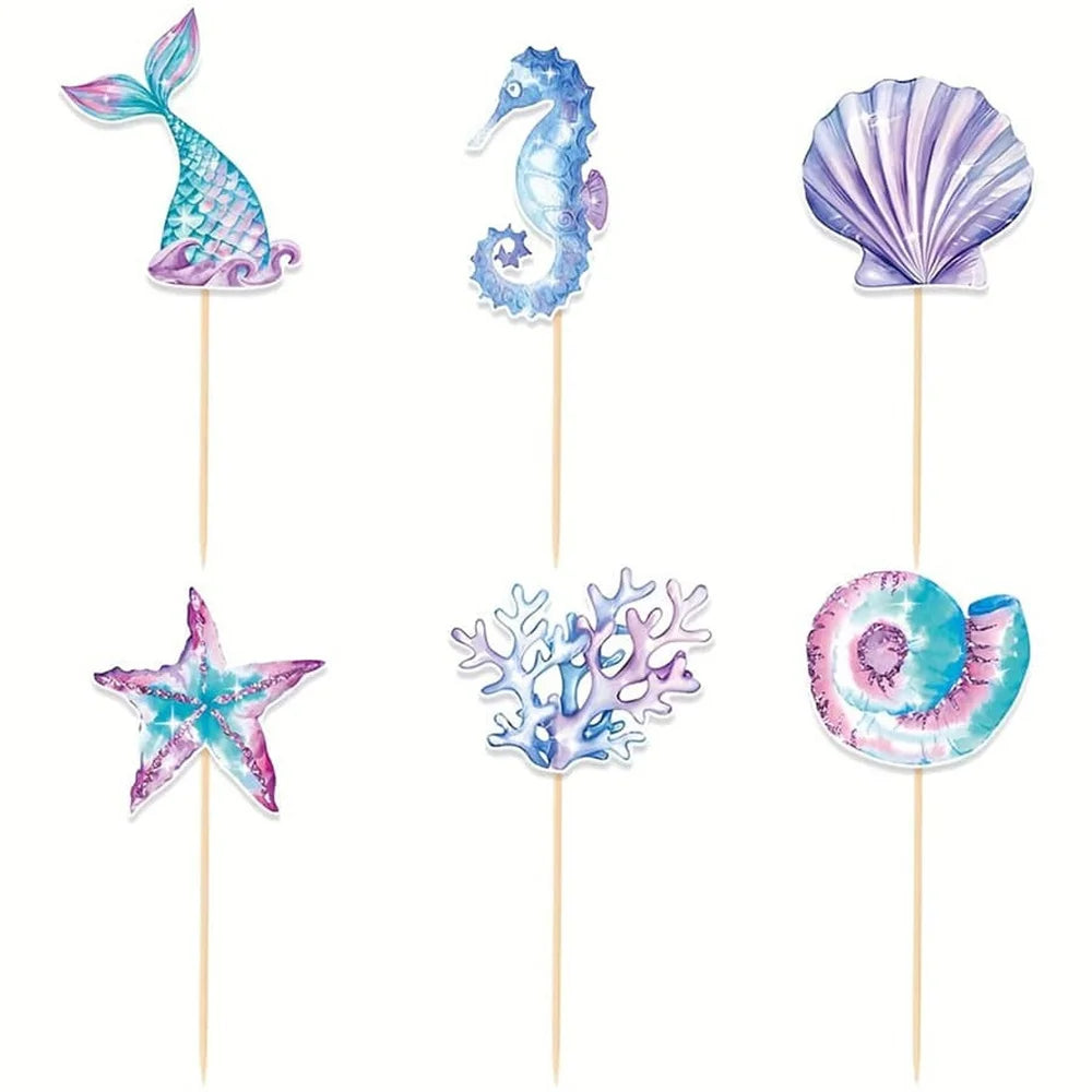 6/12/24pcs Mermaid Cake Toppers,Birthday Party Decoration,Reusable Mermaid Tail Happy Birthday Dessert Cake Topper,Cake Supplies Good Vibrations