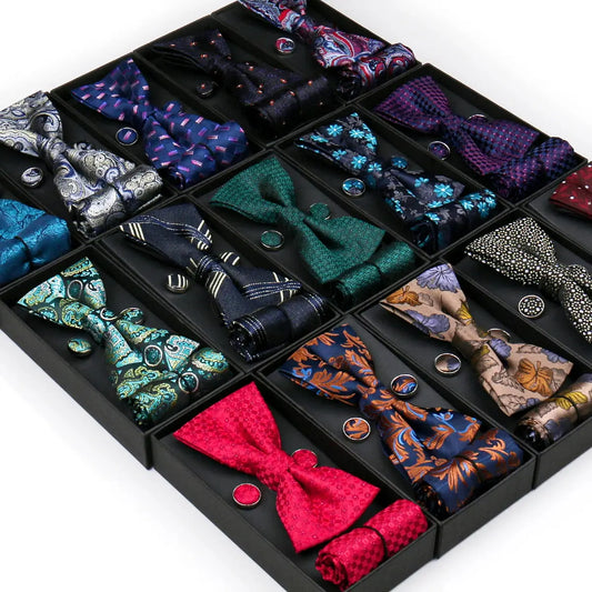 Bowtie For Men Set Gift Box Business Gift Fashion Bow Tie Pocket Square Cufflinks Set Bowtie 3pcs For Wedding Hanky Cravata Neck Good Vibrations