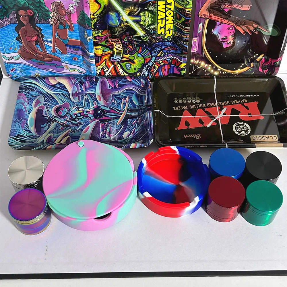 18cmx12.5cm Herb Tobacco Rolling Tray Set Silicone Ashtray Ash Tray 40mm Metal Herbal Grinder Kit Smoking Accessories Good Vibrations Adult Super Store